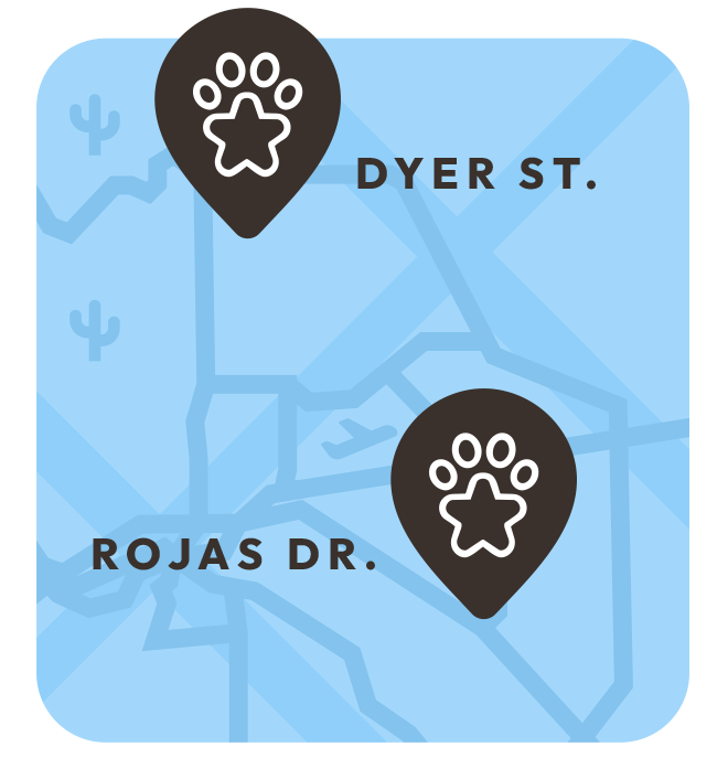 illustrated map of two dark brown location pins on a blue background